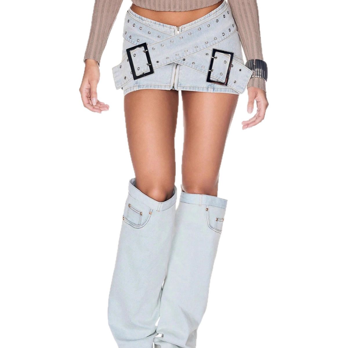 Women's Clothing Light Blue Denim Mini Skirt For Women European American Style Cross Strap Bodycon Skirt Mini-Length Fashion_ecoleips.com