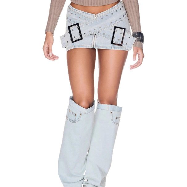 Women's Clothing Light Blue Denim Mini Skirt For Women European American Style Cross Strap Bodycon Skirt Mini-Length Fashion_ecoleips.com
