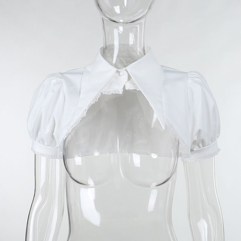 Women's Summer Polo Collar Puff Sleeve Cover up Top Eyelet Ribbon Slim Fit Suspender Dress Fashion Elegant Casual Wear_ecoleips.com