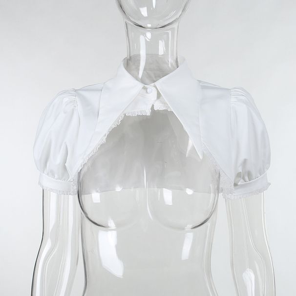 Women's Summer Polo Collar Puff Sleeve Cover up Top Eyelet Ribbon Slim Fit Suspender Dress Fashion Elegant Casual Wear_ecoleips.com