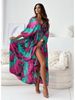 Women's Clothing Long Sleeve Sexy Deep V Multicolor Large Flower Print Slit Dress_ecoleips.com
