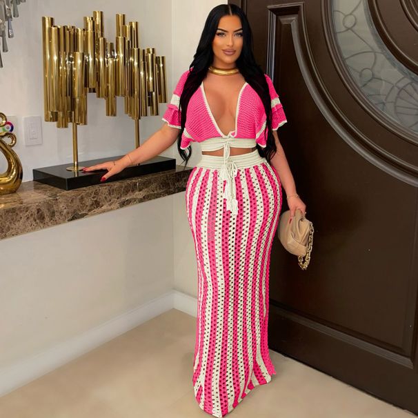 Women's Clothing Sexy V Neck Hollow Striped Knitted Ladies Long Skirt Set_ecoleips.com