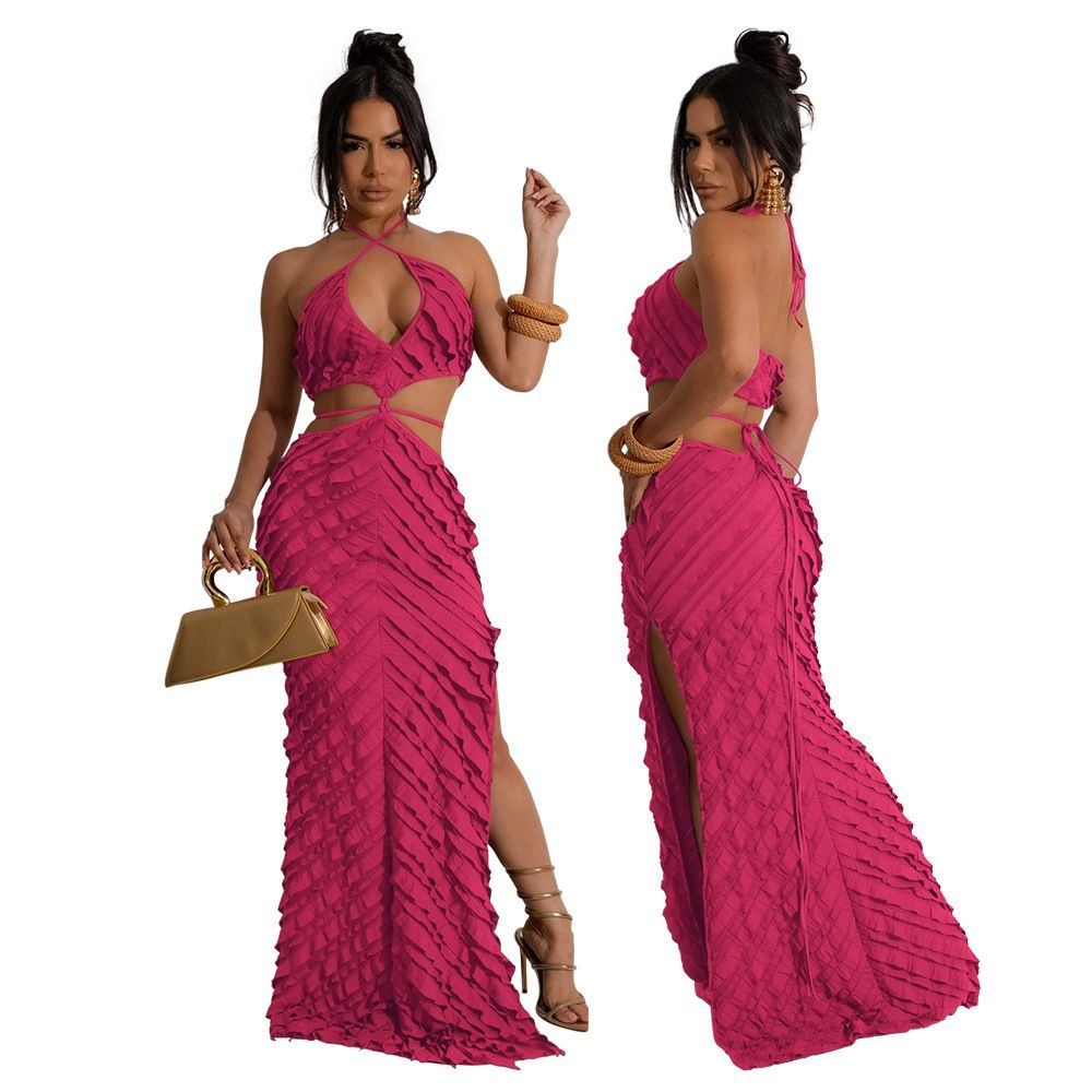 Women's Clothing Small Blinds New Sexy Halter Neck Lace Up Slim Hollow Dress_ecoleips.com