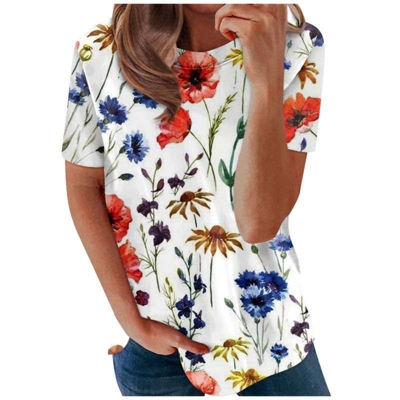 Women's Clothing New Round Neck Women's Round Neck Short Sleeve Letter 3 Printed Women's Shirt Casual Floral Printed Clothes_ecoleips.com
