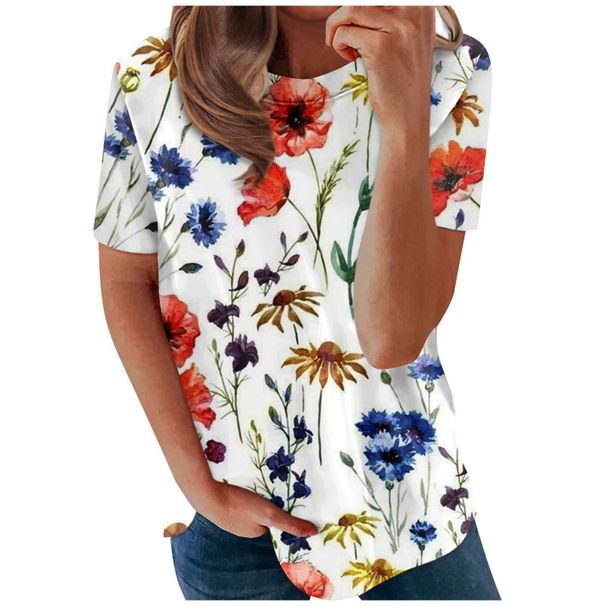 Women's Clothing New Round Neck Women's Round Neck Short Sleeve Letter 3 Printed Women's Shirt Casual Floral Printed Clothes_ecoleips.com