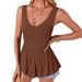 2026 Women Elegant V Neck Sleeveless Lace Ruched Ruffle Flowy Casual Vest_ecoleips.com