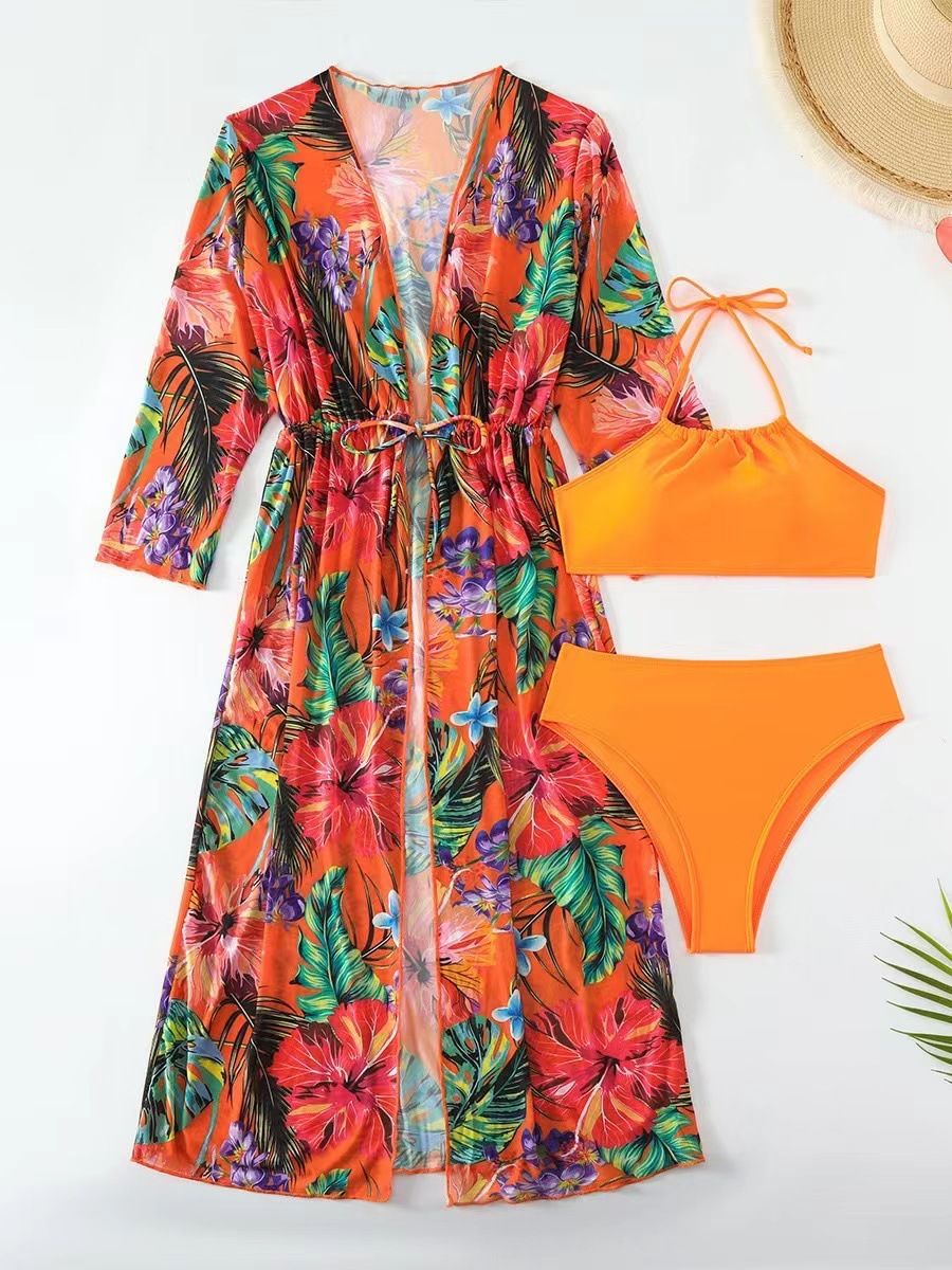 Women's Swimwear 3-Piece Set Long Sleeve Cover-Up Floral Print Bikini Beach Outfit Summer Fashion Swim Suit For Women_ecoleips.com