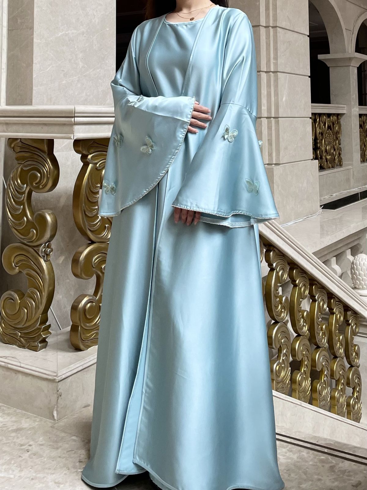 Women's Clothing Middle Eastern Muslim Women Cardigan Two Piece Suit Butterfly Embroidery Diamond Belt Satin Dinner Party Robe_ecoleips.com