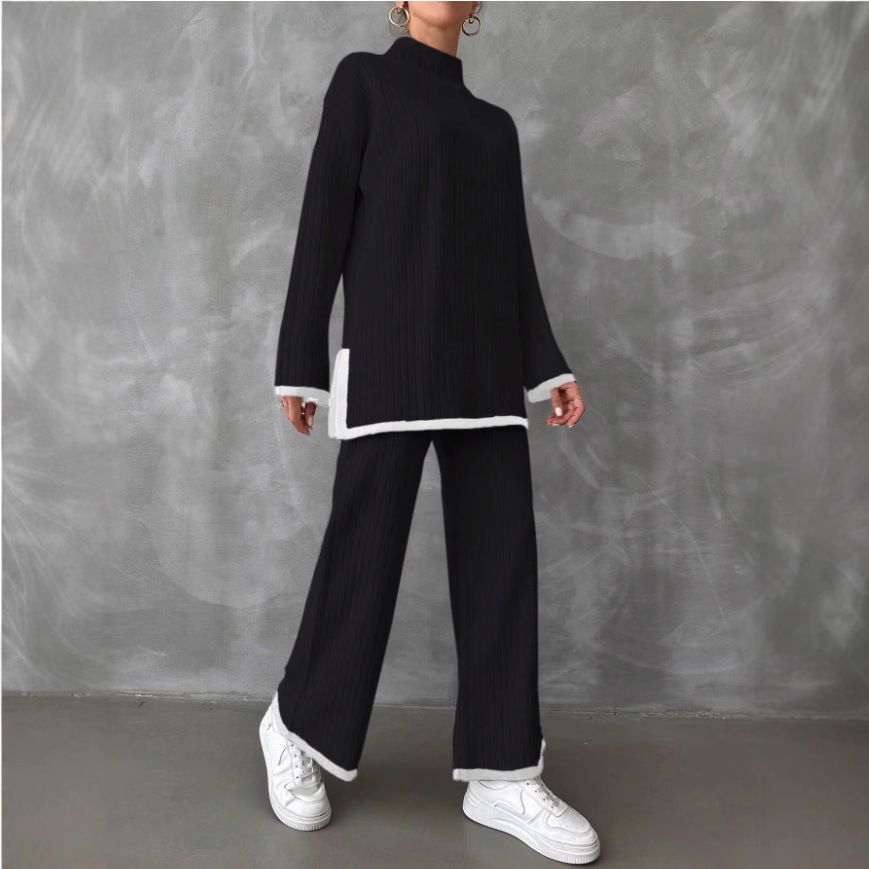 Women's Ribbed Knit Set Long Sleeve Stand Collar Solid Color Autumn Winter Fashion 2-Piece Outfit Polyester_ecoleips.com