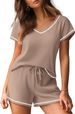 Women's Clothing Waffle Short Sleeved Shorts Casual Suit V Neck Top Shorts Home Clothes_ecoleips.com