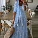Women's Flowy V-Neck Printed Maxi Dress – Boho Chic Tiered Hem Midi Dress With 3/4 Sleeves (Multiple Colors, S-Xxxl)_ecoleips.com