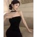 French Style Stunning Black Bow Sexy Bodycon Off-Shoulder Halter Neck For Women Summer High-End Long Dress_ecoleips.com