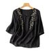 Summer Embroidered Cotton-Linen Blouse With Loose Fit, Artistic Retro Style And Seven-Quarter Sleeves In China-Inspired_ecoleips.com