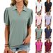 Women's Oversized V-Neck Polo Shirt Puff Sleeves Summer Knit Top Breathable Cotton Blend_ecoleips.com