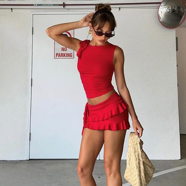 Women's Clothing Women's Sleeveless Round Neck Vest And Ruffled Skirt Set Style Fashion Slim Fit Cropped Ruffled Skirt_ecoleips.com