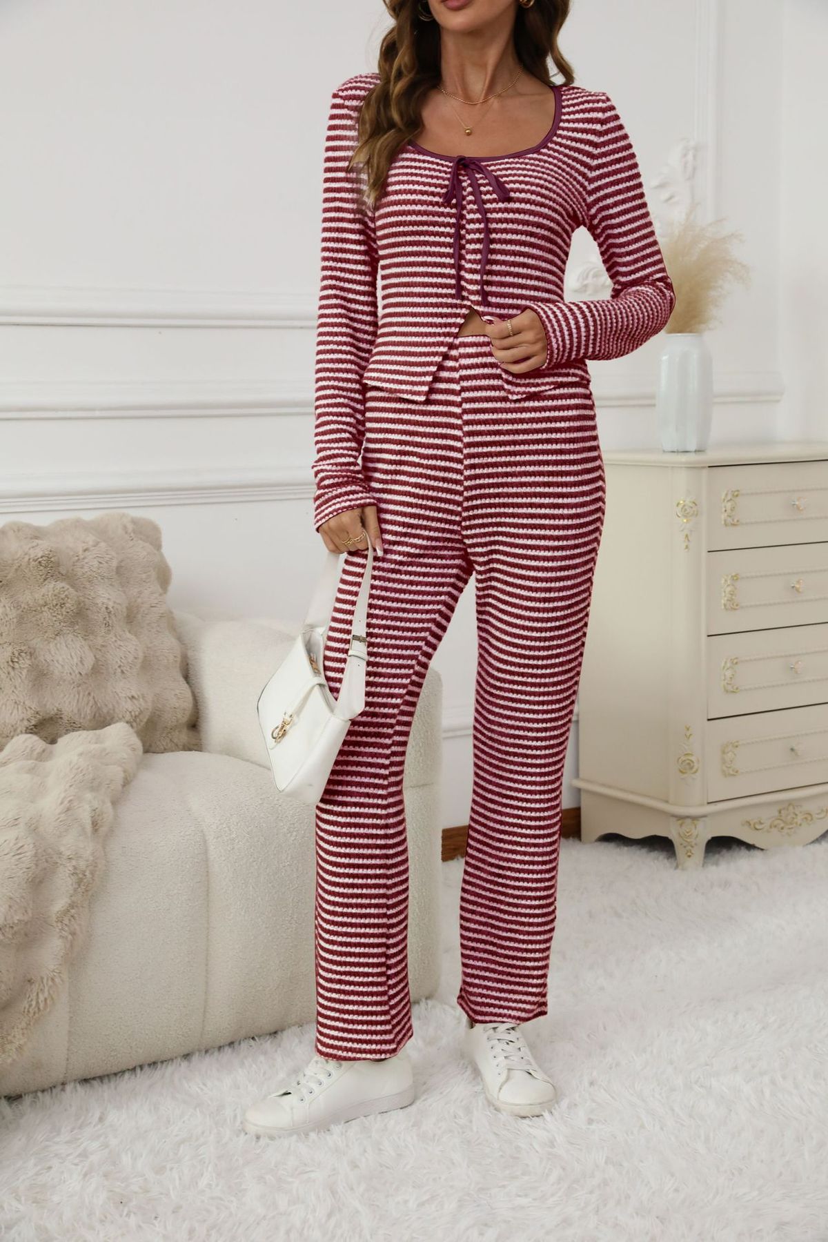 Women's Striped Knit Lounge Set – Oversized Wide-Leg Pants & Tied Top For Casual Comfort_ecoleips.com