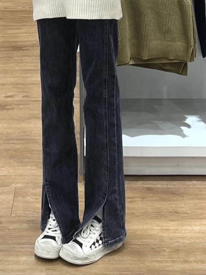 Plus-size High-waisted Slit Straight-leg Jeans For Plus-size Women, New Spring 2025 Loose Wide-leg Floor-length Pants_ecoleips.com