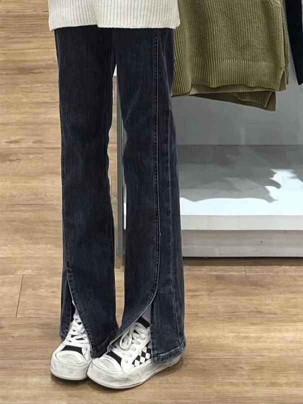 Plus-size High-waisted Slit Straight-leg Jeans For Plus-size Women, New Spring 2025 Loose Wide-leg Floor-length Pants_ecoleips.com
