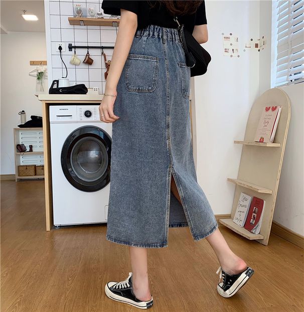 Women's Clothing Fat Girl Mm Large Size Denim Skirt Female High Waist Slim Medium And Long Hip Skirt Back Slit Loose Skirt Trendy_ecoleips.com