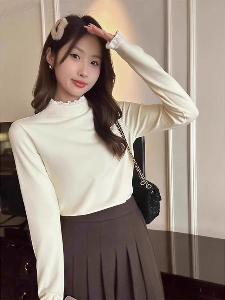 Deer Velvet Autumn And Winter Lace Patchwork Half-High Collar Long-Sleeve Inner Top, Designer Niche Base Shirt_ecoleips.com