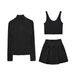 Luludarling Women's Three Piece Active Set Long Stand Collar Fitted Jacket Nude High Waisted Mini Skirt U Shaped Bra Vest_ecoleips.com