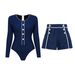 Women's Long Sleeve Navy Surf Suit One Piece Swimsuit With Shorts High End Swimwear_ecoleips.com