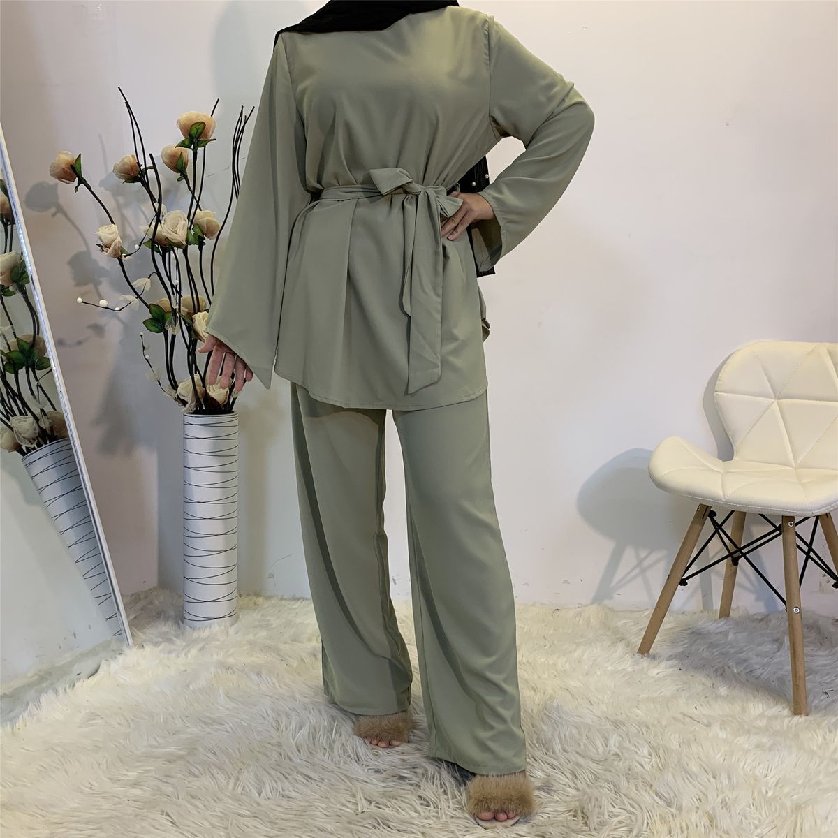 Verve Fashion Women's Simple Wide-Leg Pants Muslim Belted Set 2272_ecoleips.com