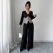 Women's V Neck Short Sleeved Top Elegant Solid Color Wide Leg Pants Two Piece Set Autumn Winter Fashion plus Size Available_ecoleips.com