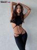 Weird Puss Hollow Straps 2 Piece Sets Woman Summer Sexy Solid Halter Backless Tops+Sequined Flared Pants Party Skinny Outfits_ecoleips.com