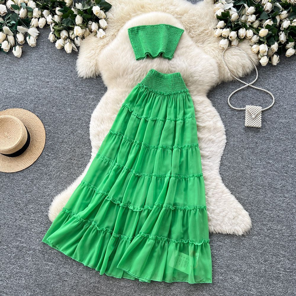 Summer New Style Women's Yellow Pleated Two Piece Set Alluring Layered Cake Skirt Elegant Commuter Suit Pure_ecoleips.com