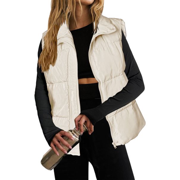 Women's Clothing Lightweight Quilted Vest With Stand Collar, Sleeveless Winter Warm Zip-Up Jacket With Pockets_ecoleips.com