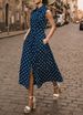 Women Sleeveless Polka Dot Vintage Turn Down Collar Fake Button Lace Up Waist Casual Elegant Party Dress_ecoleips.com