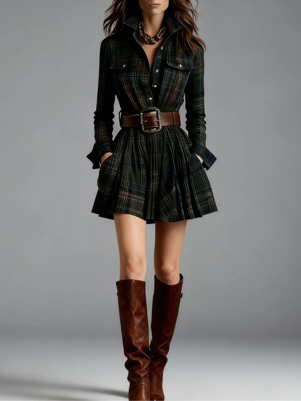 Women's Digital Printed Plaid Shirt Dress With Pockets Waist Cinching Fashionable Casual Maxi Dress_ecoleips.com