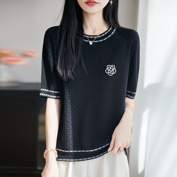 Women's 3D Floral Round Neck Color Block Knit Top Stylish Casual Summer Ice Silk Blend Comfortable Fit Knitted Top_ecoleips.com
