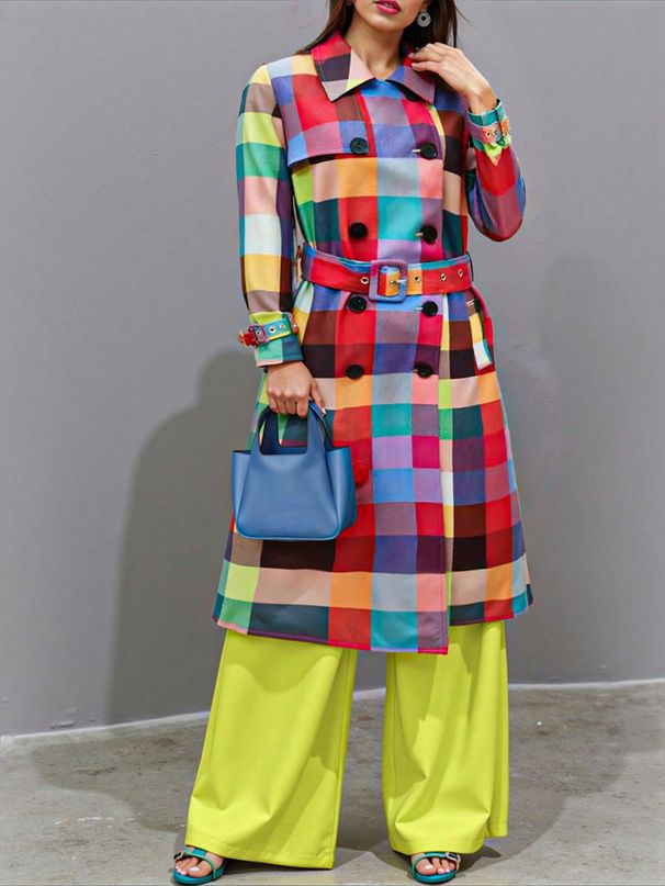 Women's Plaid Print Long Coat – Oversized Checkered Trench (Breathable Polyester, Belted Waist, Unisex Fit)_ecoleips.com