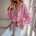 Elegant Floral Print Lantern Sleeve Blouse With Tie Detail – V-Neck, Loose Fit, Polyester-Spandex Blend – Pink, Orange, Blue_ecoleips.com