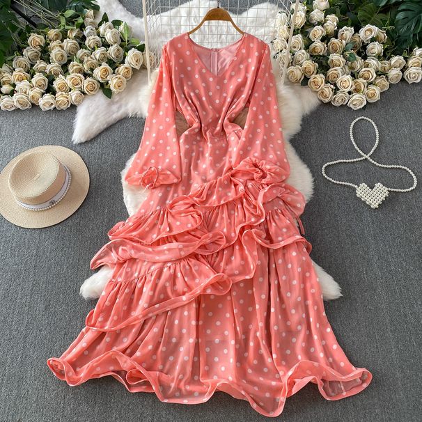 Women's Sweet Polka Dot V-Neck Long Sleeve Dress Summer Elegant Slimming Fluffy Cake Skirt Gentle Vacation Look_ecoleips.com