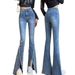 American-style Slit Micro-flare Jeans For Women, Spring/summer, Light Blue, High-waisted, Stretchy, Narrow Wide-leg With_ecoleips.com
