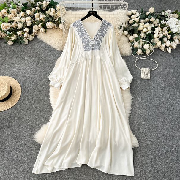 Women's New Embroidery V Neck Loose Long Ethnic Style Holiday Dress_ecoleips.com