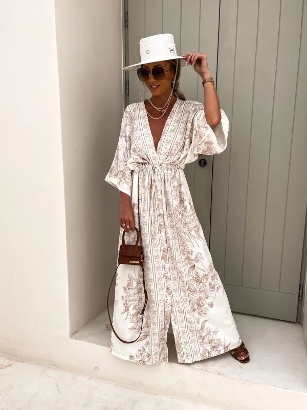 Foreign Trade 2025 European And American Spring/Summer New Elegant V-neck Short-sleeve Printed Slit Maxi Dress_ecoleips.com