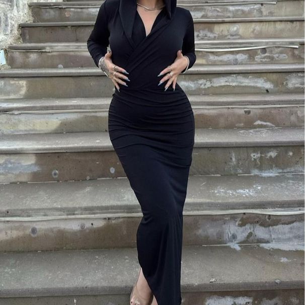New European And American Fashion Sexy Long-sleeved Bodycon Casual Slim-fit Hooded Solid Color Dress, Stylish Women's_ecoleips.com