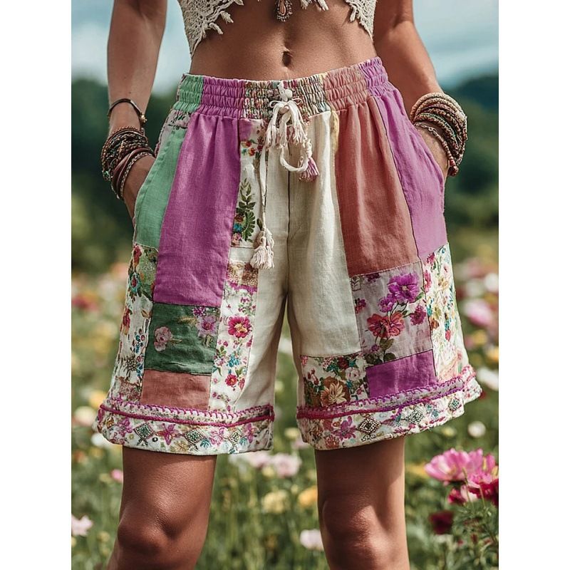 Retro Floral Print Casual Women's Cotton Shorts Bohemian Style Spring/Autumn Regular Fit Independent Site Cross Border_ecoleips.com