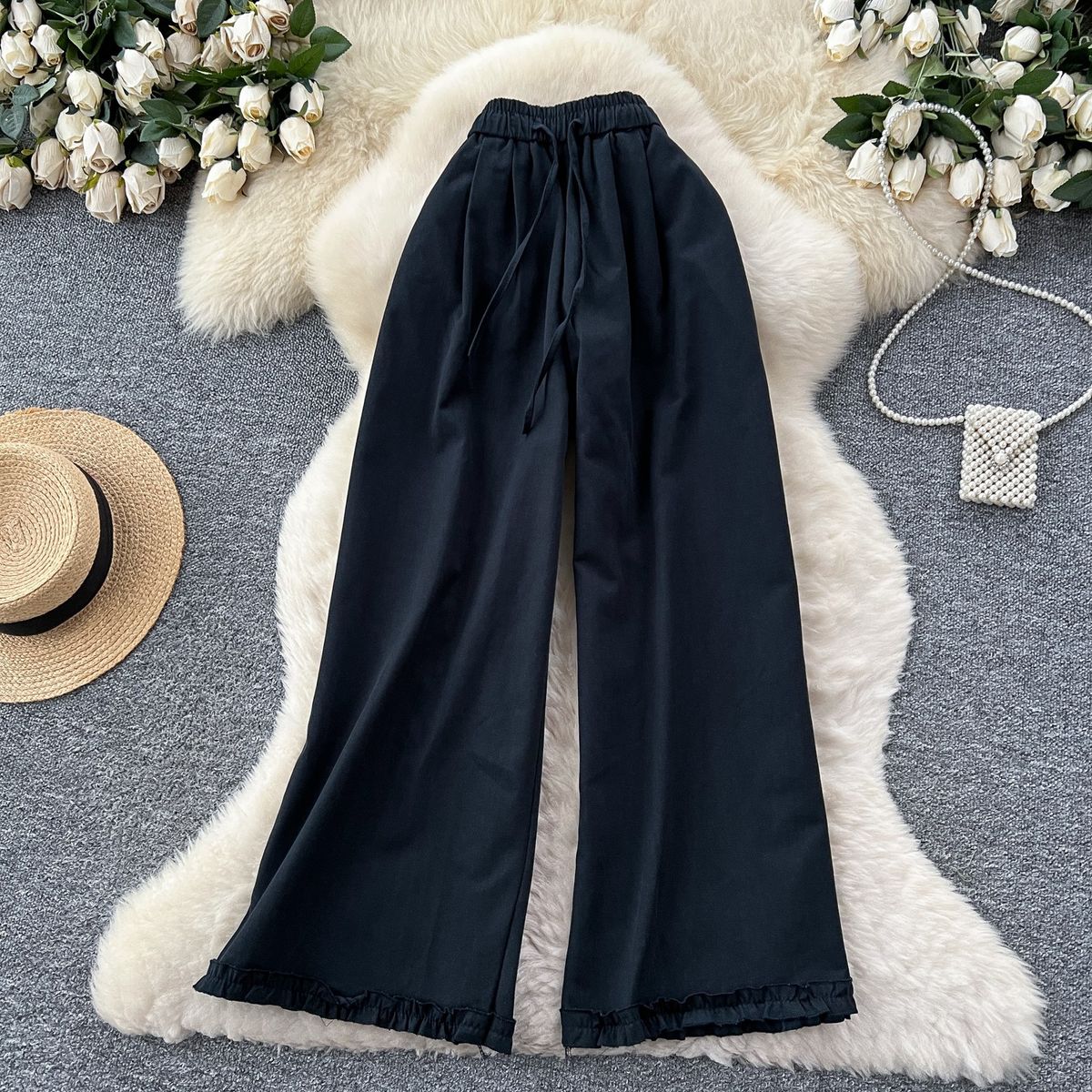 Relaxed High-Waisted Palazzo Pants For Women - Linen-Like Wide Leg Trousers With Elastic Waist & Ruffled Hem_ecoleips.com