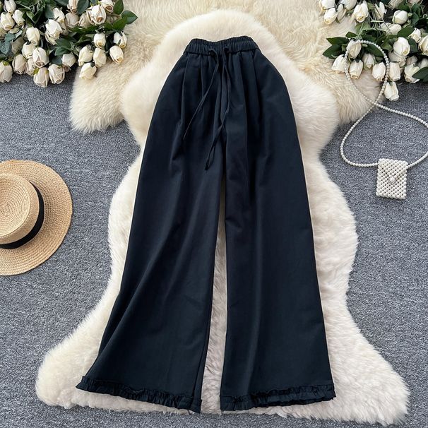 Relaxed High-Waisted Palazzo Pants For Women - Linen-Like Wide Leg Trousers With Elastic Waist & Ruffled Hem_ecoleips.com