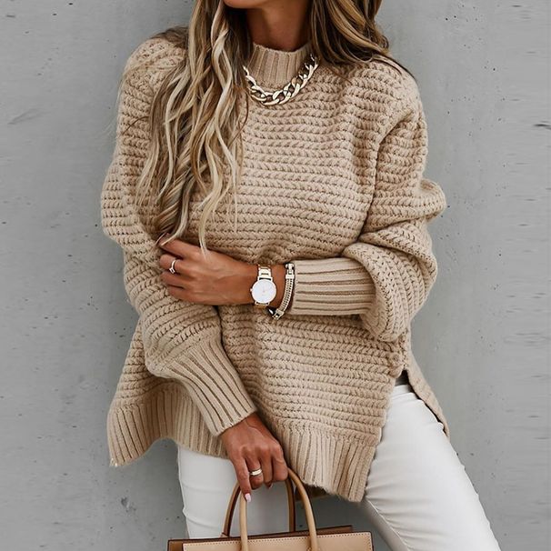 Casual Semi-Turtleneck, Simple Long Sleeves, Chunky Needles, Hand Ties, Side Slit Knitted Sweaters, Blouses_ecoleips.com