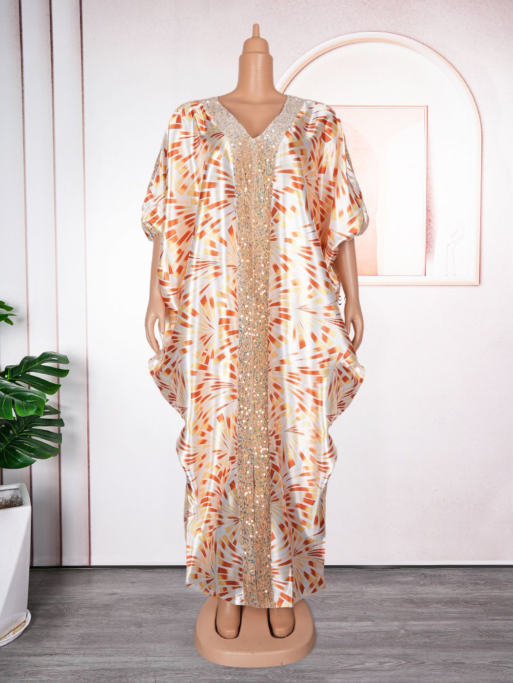 K Assembled Printed Robe; Loose Printed Bead Piece V-neck Dress._ecoleips.com