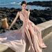 Women's Elegant V Neck Halter Ruffled Backless Flowy Maxi Dress – Beach Resort Gown_ecoleips.com