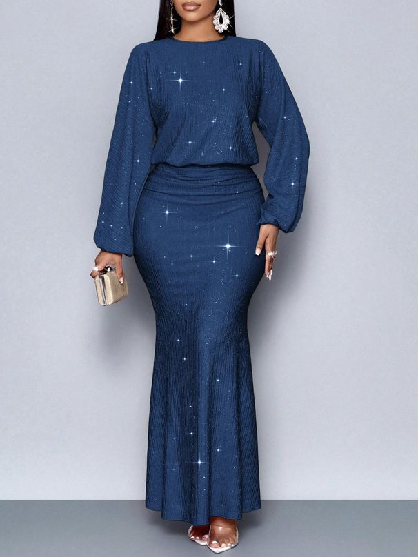 In Stock TK Independent Station European And American New Fashion Beaded Long Sleeve Mermaid Ruched Elegant Dress_ecoleips.com