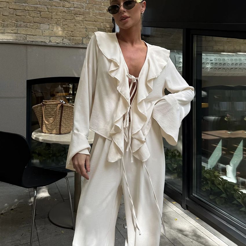 Women's Clothing V Neck Ruffled Long Sleeved Shirt High Waist Wide Leg Pants Two Piece Suit_ecoleips.com
