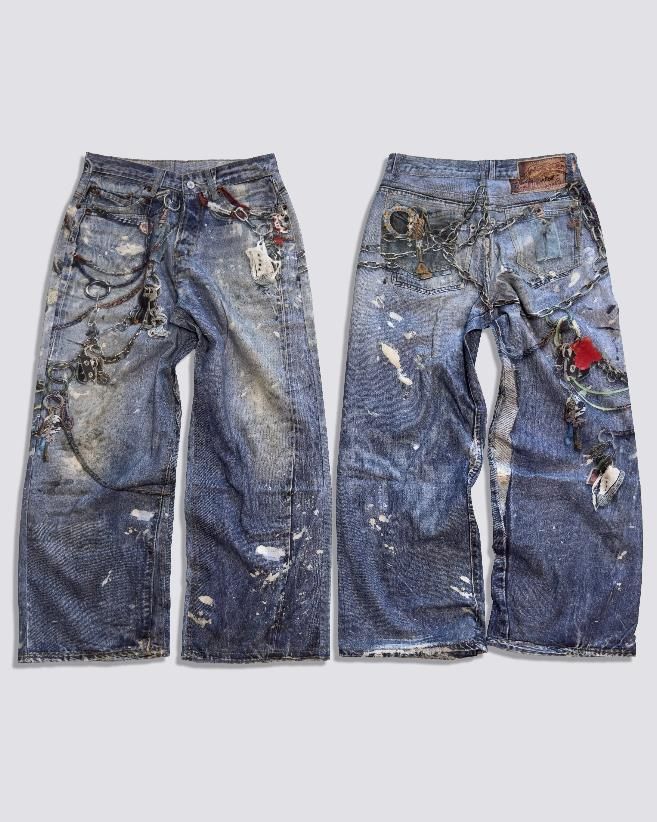 Women's Clothing Printed Flower Trompe L'oeil Vintage Distressed Heavy Low Waist Loose Jeans_ecoleips.com